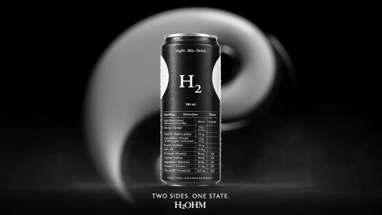 The black H2 can standing in swirling black and white smoke, with the line Two sides. One state. H2OHM